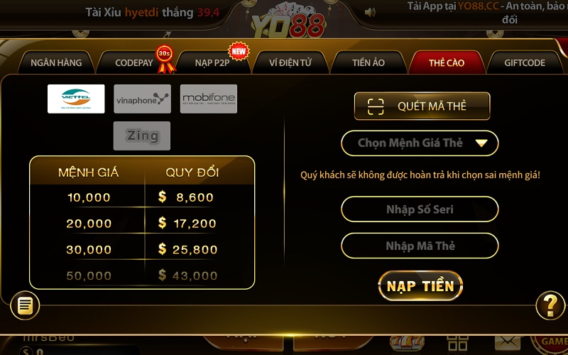 Nạp tiền YO88 bằng thẻ cào
