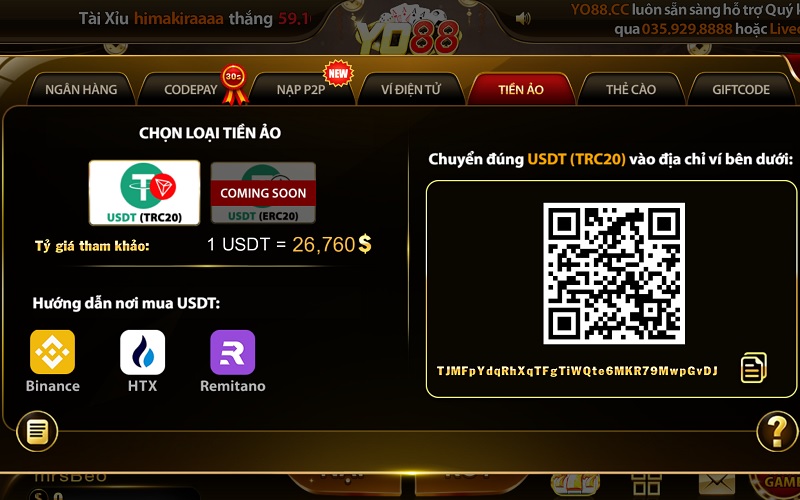 Nạp tiền YO88 bằng tiền ảo